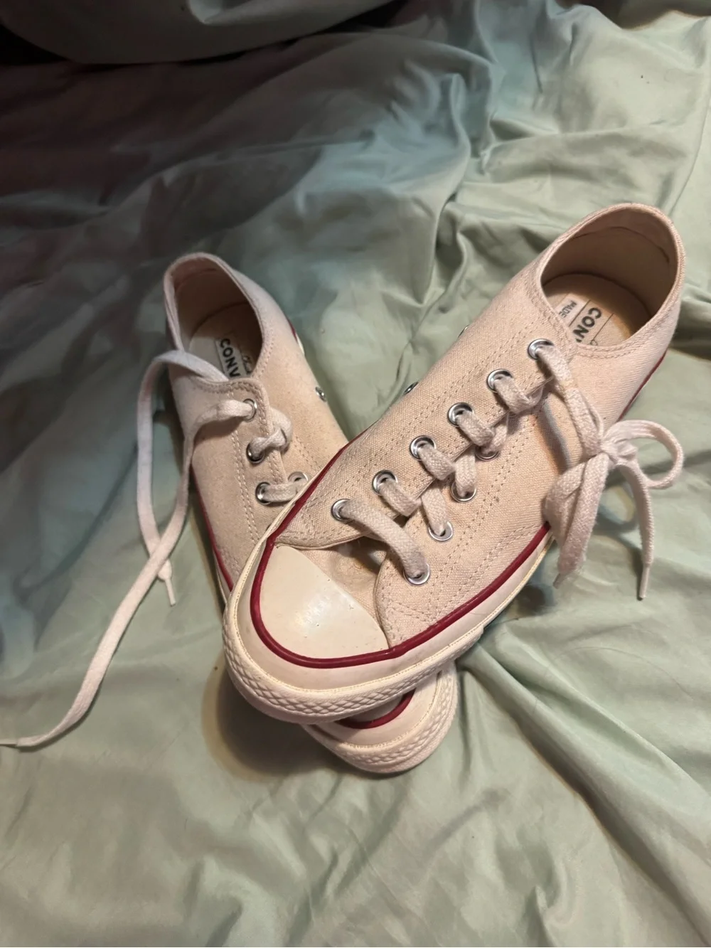 Converse Low Top Canvas Sneakers in Pale Pink with Red Trim
